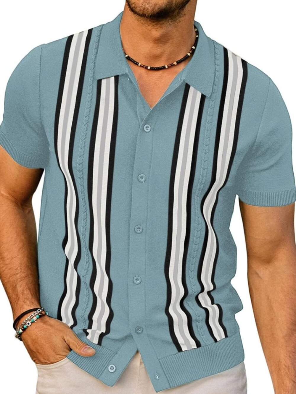 Men's Blue Vintage Striped Knit Button-Down Beach Short Sleeve Shirt